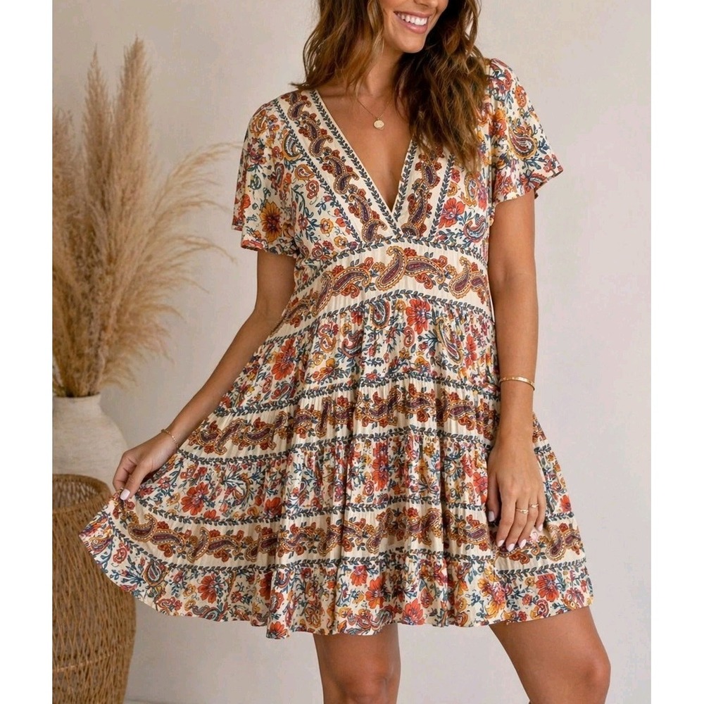 Bila Floral Paisley Midi Dress in Cream, Orange, Brown